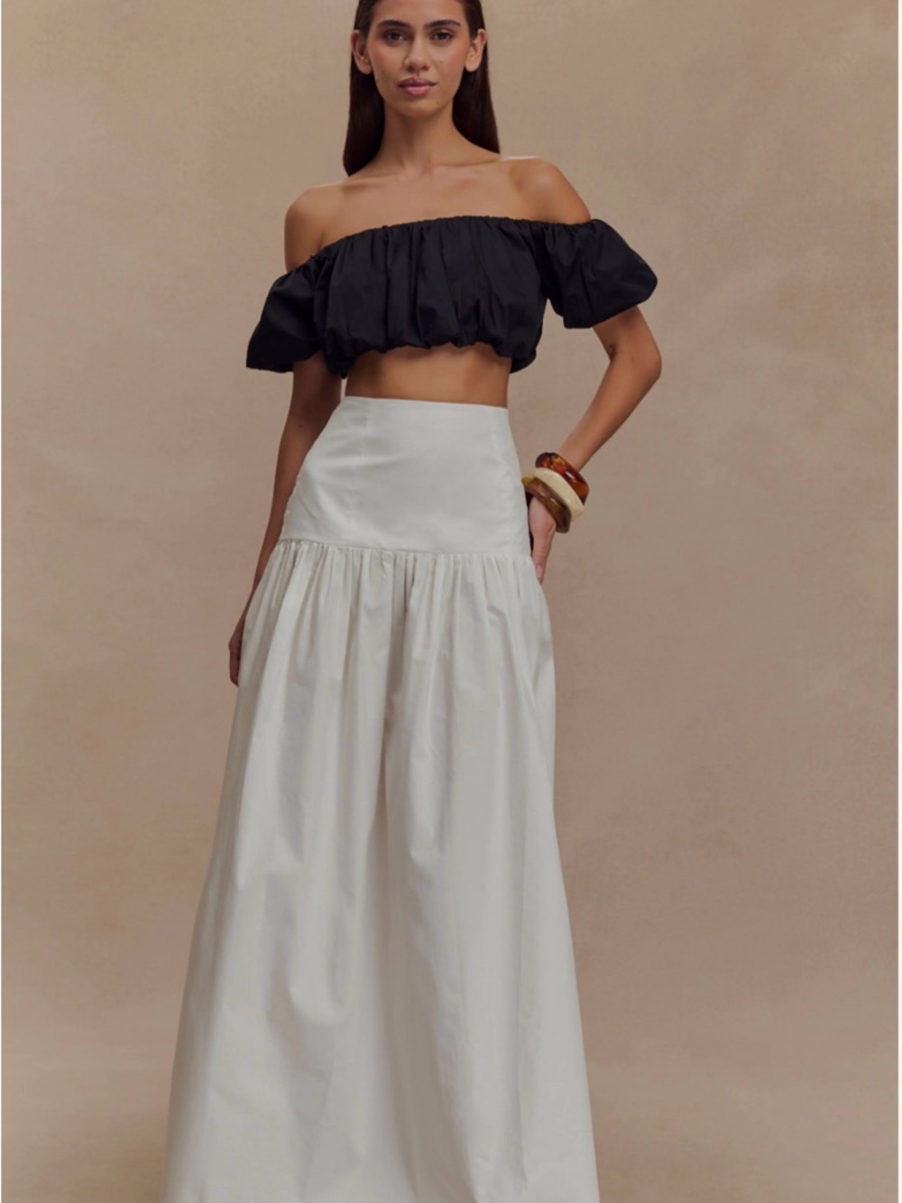 Meshki White High-Waist Maxi Skirt with Gathered Panel